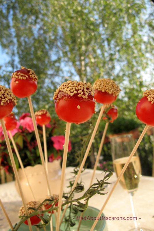 Salted Toffee Cherry Tomatoes served on skewers as the ultimate party food